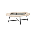 **Titre technique : Table basse ovale avec plateau en verre et structure en métal noir**