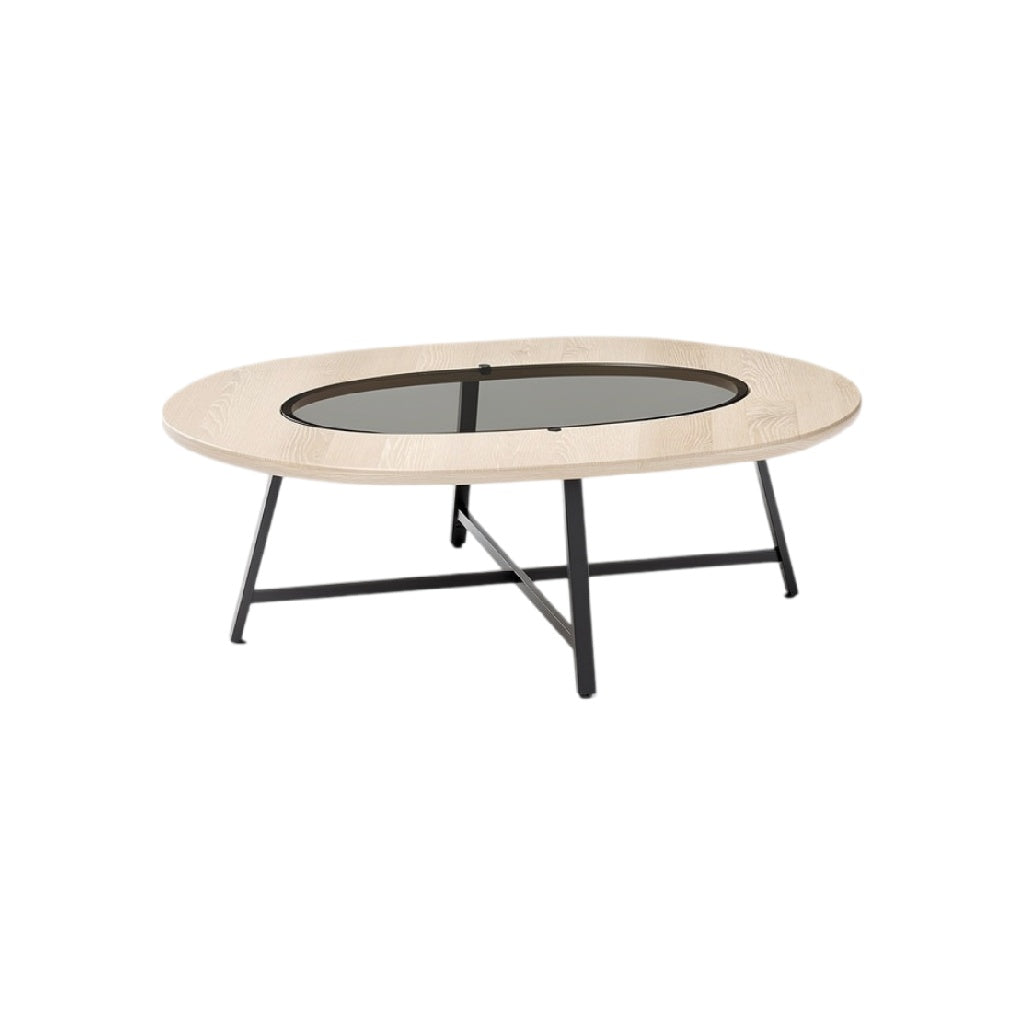 **Titre technique : Table basse ovale avec plateau en verre et structure en métal noir**