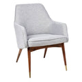 **Fauteuil moderne en tissu gris avec pieds en bois et accents dorés**