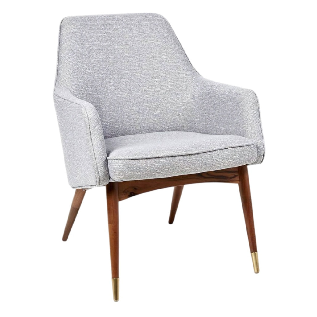 **Fauteuil moderne en tissu gris avec pieds en bois et accents dorés**